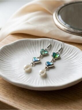 Silver Heart Abalone Dangle Earrings with Pearl Drop - Iridescent Green Blue